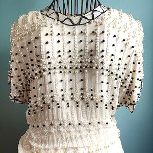 Vintage 90s Silk Bead Embroidered Cocktail Dress White Black Size 8 Nite Line